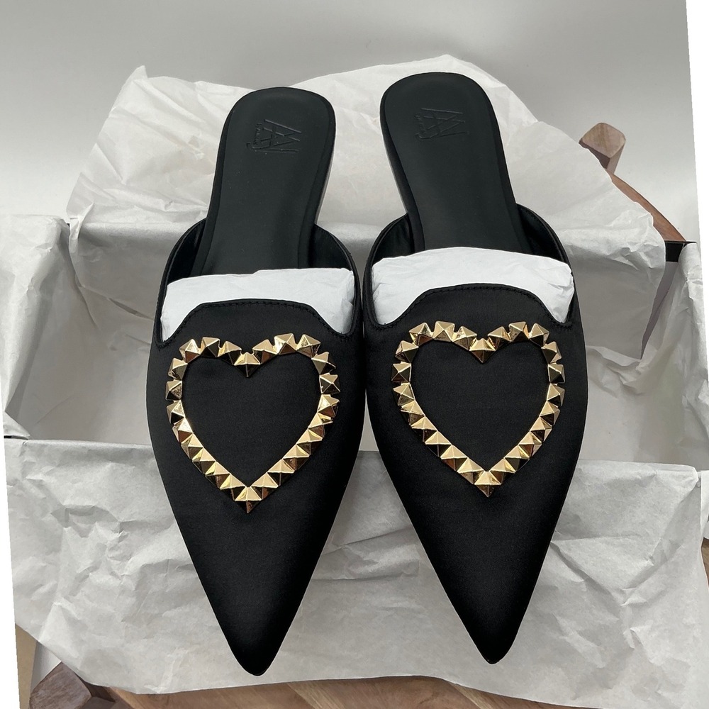 AAJ by Aminah Black Satin Pointed Toe Mules Gold Studded Heart Flat Slides 8.5M